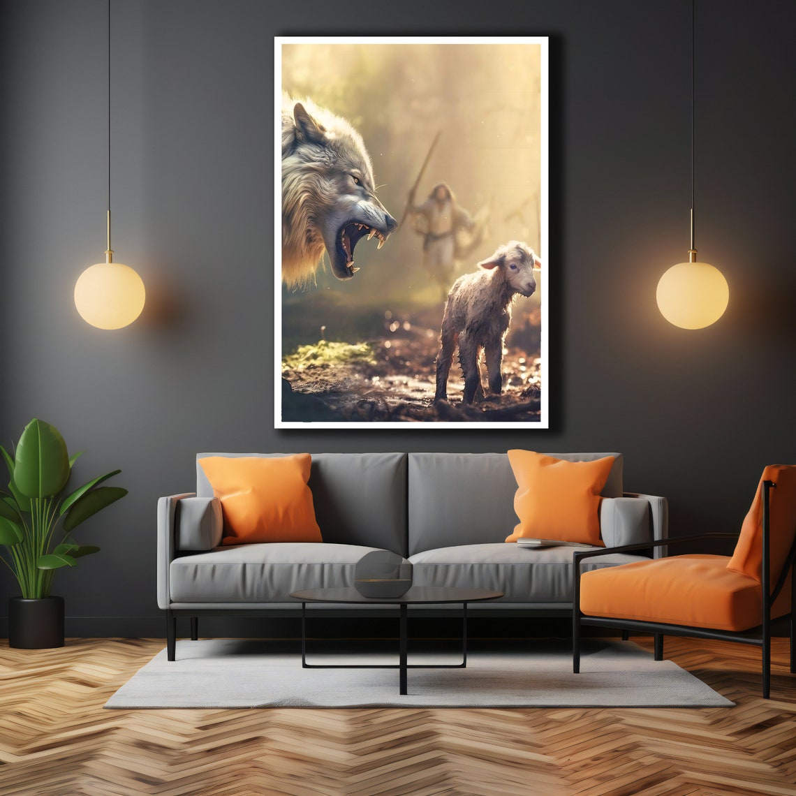 Jesus Running To Save The Lamb From The Wolf Christian Wall Art Poster - Image 3