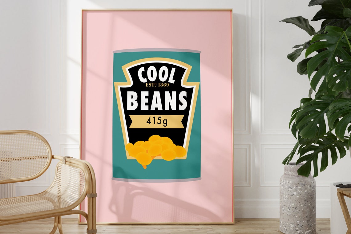 Cool Beans Light Pink Kitchen Print Unframed Food Illustration Funny Quote Print Quirky Home Decor