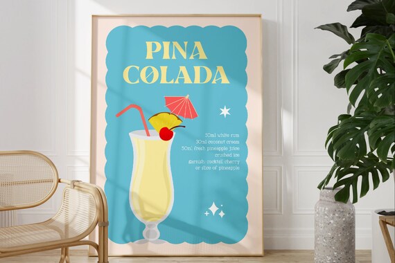 Pina Colada Cocktail Recipe Retro Blue Bar Cart Kitchen Illustration Poster