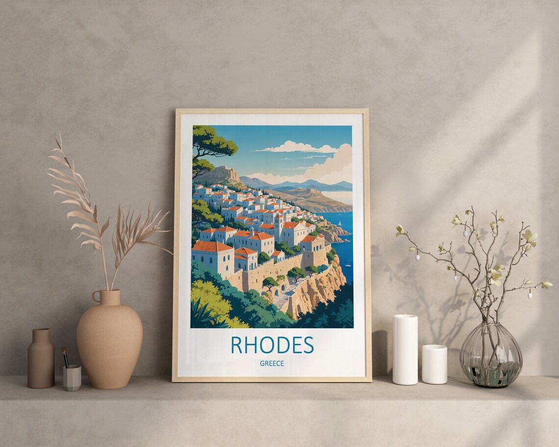 Rhodes Greece Old Town Seaside Cliff Harbor Vintage Travel Poster - Image 2