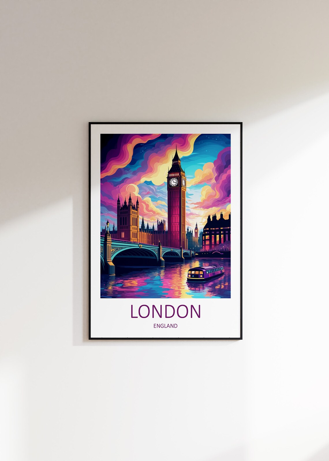 London Big Ben At Dusk With Westminster Bridge and River Boat Poster - Image 3