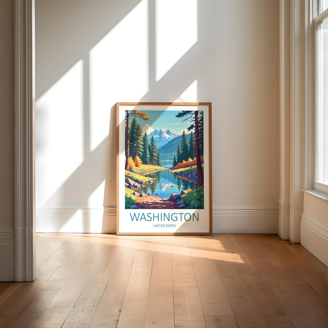 Washington United States Pine Forest Lake And Snowy Mountain Poster - Image 6