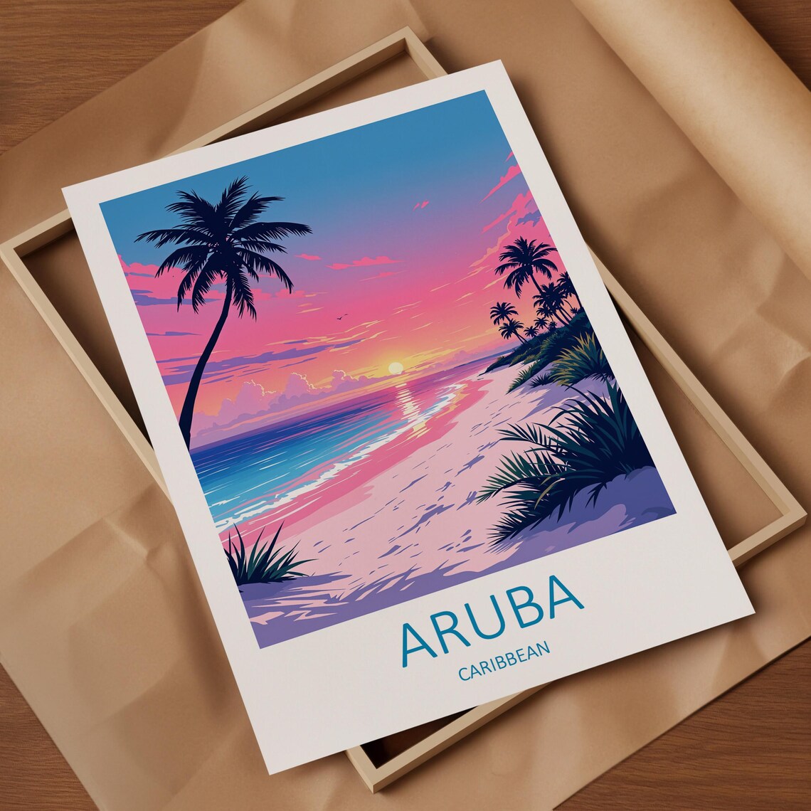 Aruba Caribbean Pink Sunset Beach With Palm Silhouettes Poster - Image 4