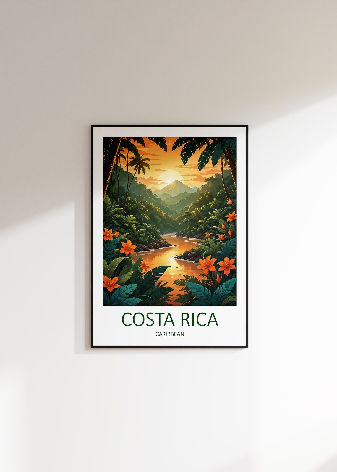Costa Rica Caribbean Tropical Jungle River Sunset Volcano View Poster - Image 3