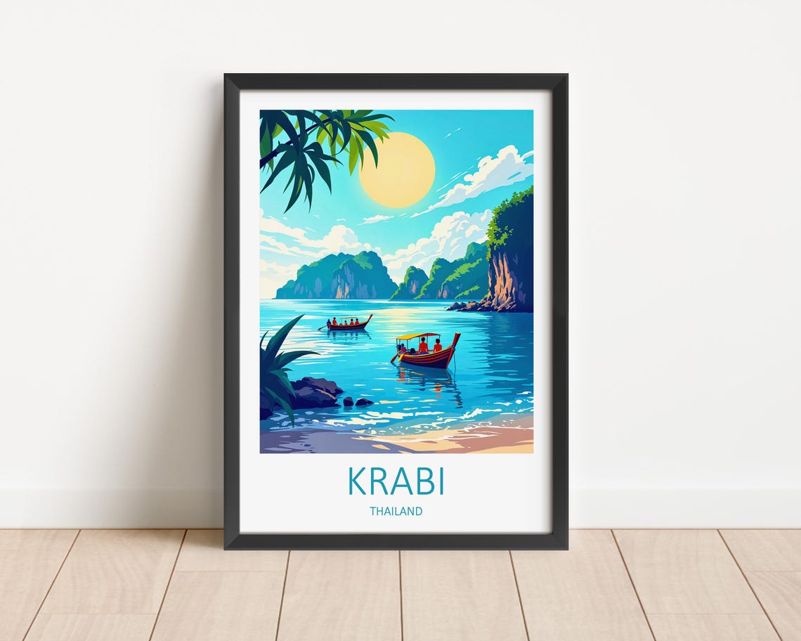 Krabi Thailand Longtail Boats Limestone Cliffs Travel Poster
