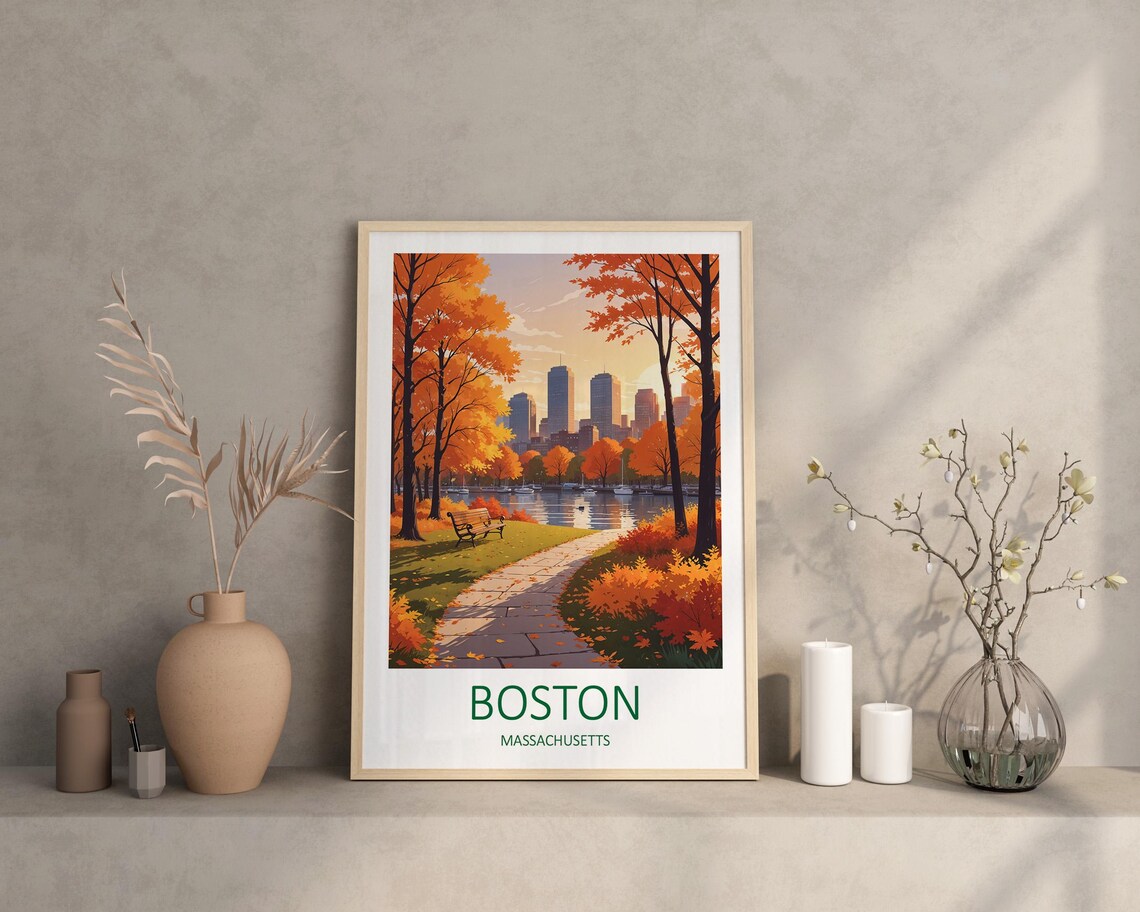 Boston Massachusetts Autumn Park River Skyline Travel Poster - Image 3