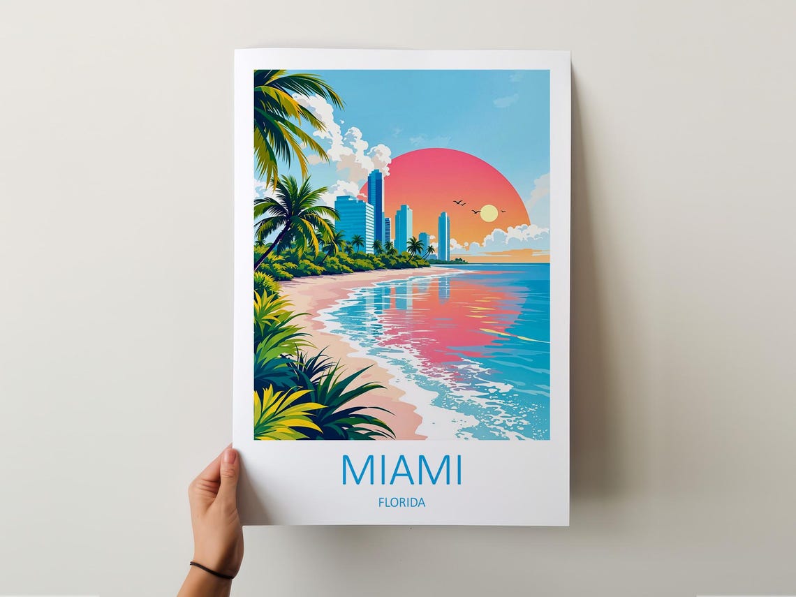 Miami Beach Palm Trees Skyline Big Sunset Florida Travel Poster - Image 6