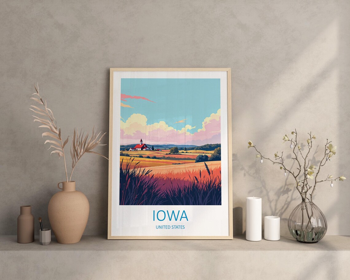 Iowa Heartland Farm Red Barn Sunset Fields Golden Travel Poster - Image 2