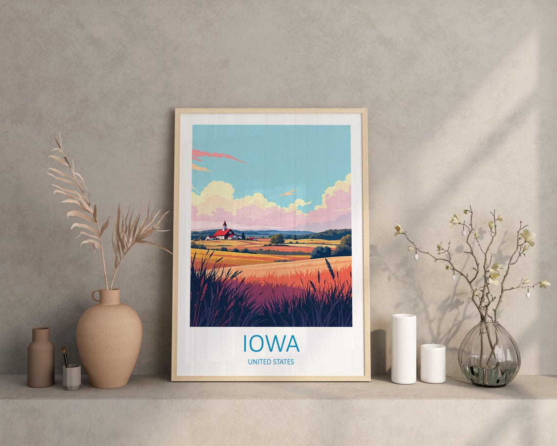 Iowa Travel Print United States Wall Art Lovers Gift Iowa Poster Birthday Present Home Decor Travel Poster Iowa Illustration Landscape - Image 2