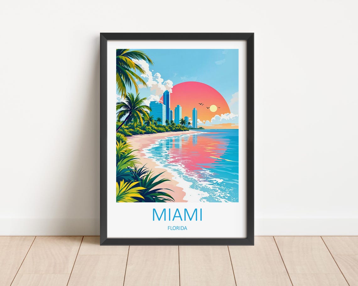 Miami Beach Palm Trees Skyline Big Sunset Florida Travel Poster