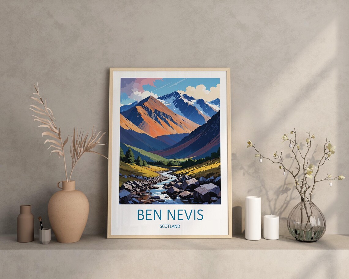 Ben Nevis Scotland Rocky River Valley Below Snow Capped Peak Poster - Image 3