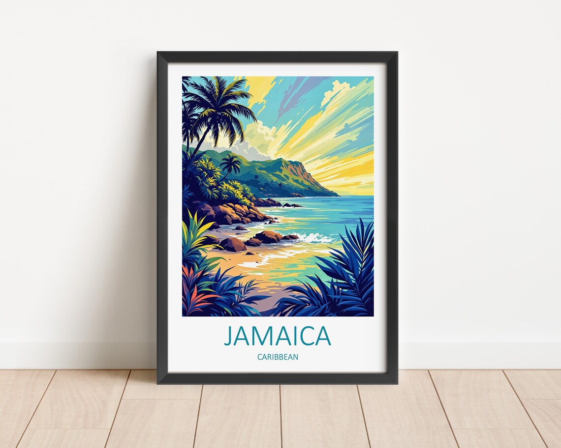 Jamaica Caribbean Tropical Cove Sunset Beach Waves Travel Poster