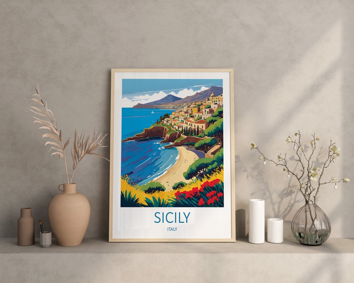 Sicily Italy Coastal Town Cliffs Beach Blossoms Scenic Travel Poster - Image 4