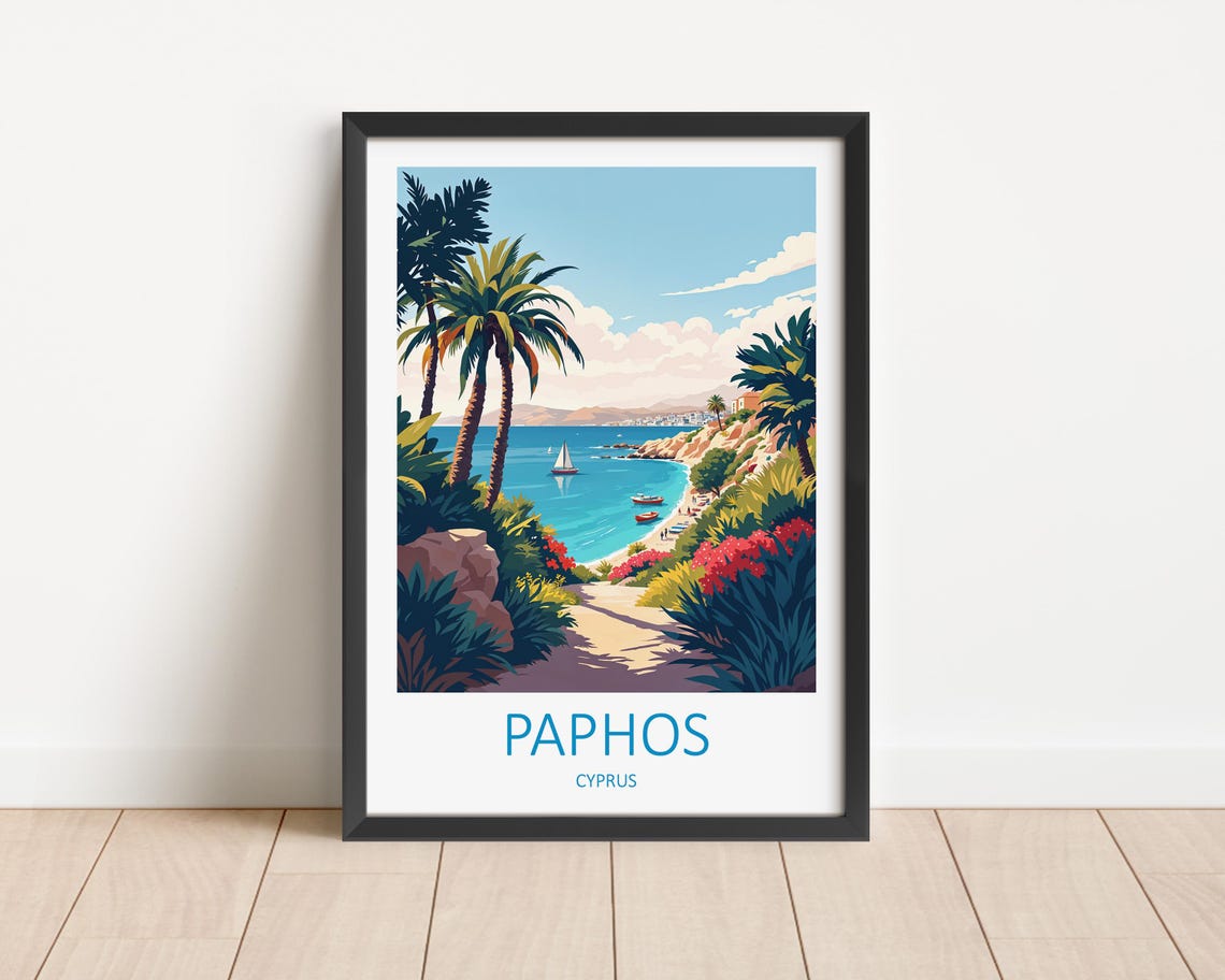 Paphos Cyprus Palm Lined Path Down To An Azure Beach Cove Poster