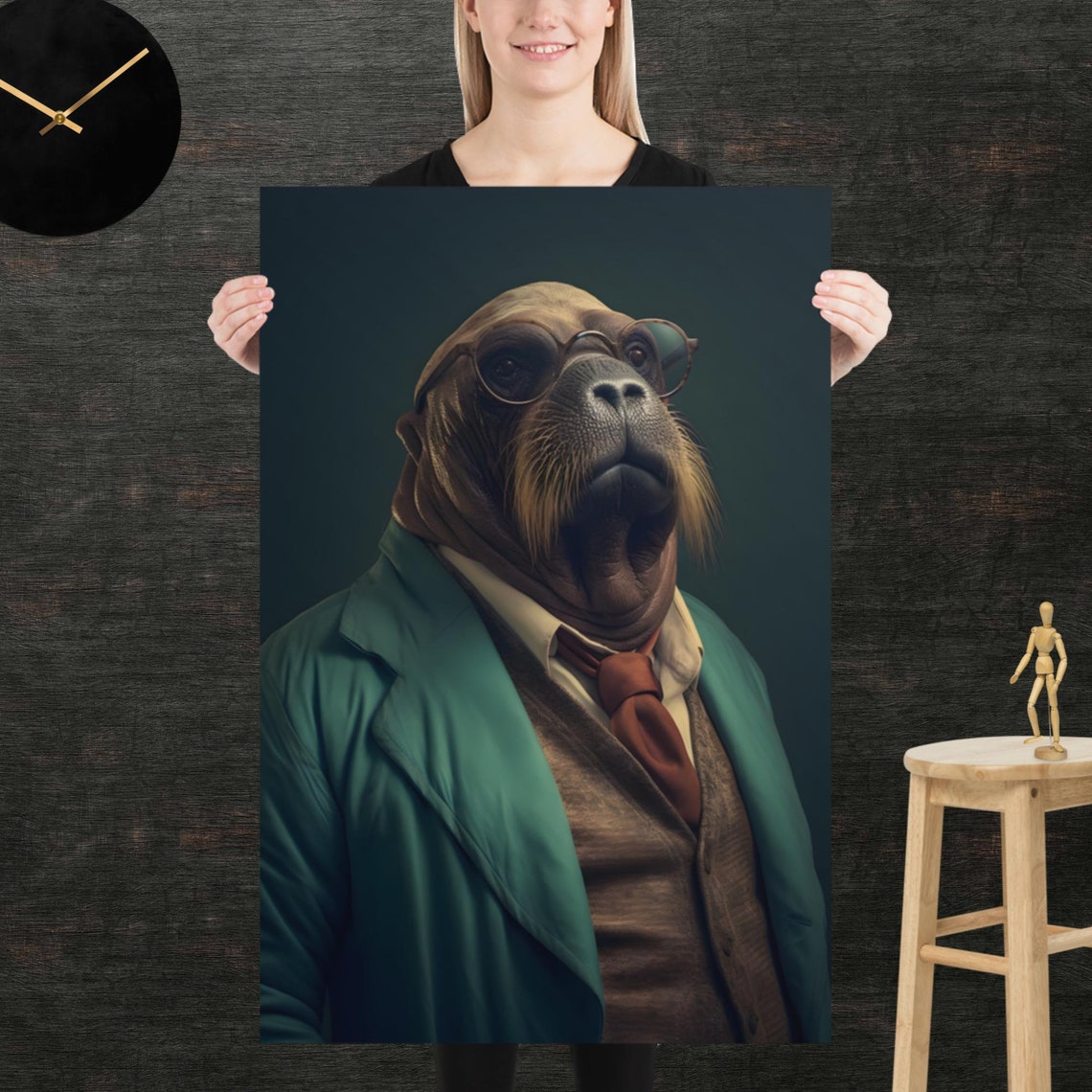 Walrus Wearing Round Glasses Teal Coat 80s Retro Animal Poster