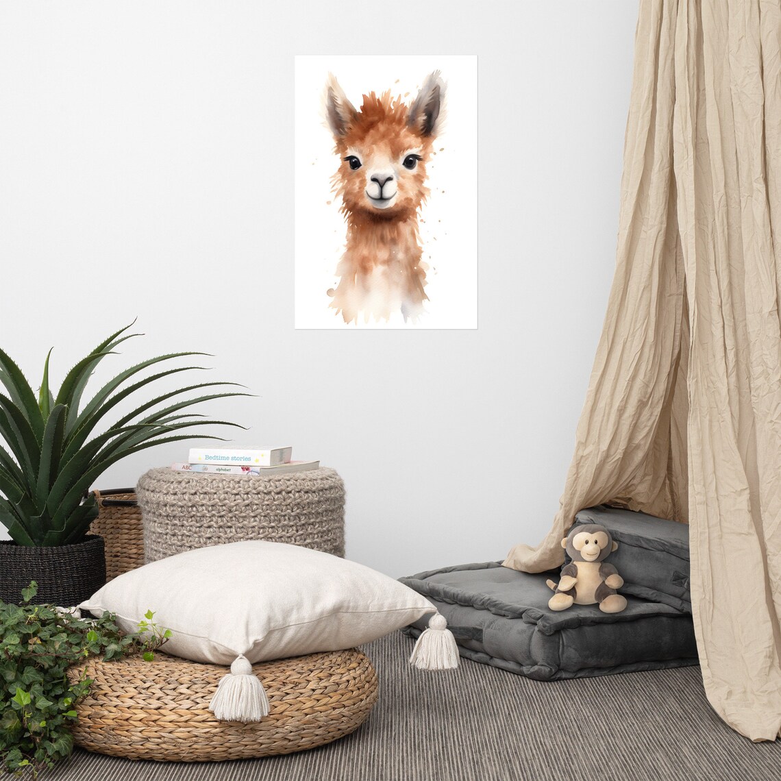 Cute Alpaca Baby Watercolor Nursery Portrait Poster for Kids Room Decor