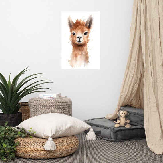 Cute Alpaca Baby Watercolor Nursery Portrait Poster for Kids Room Decor