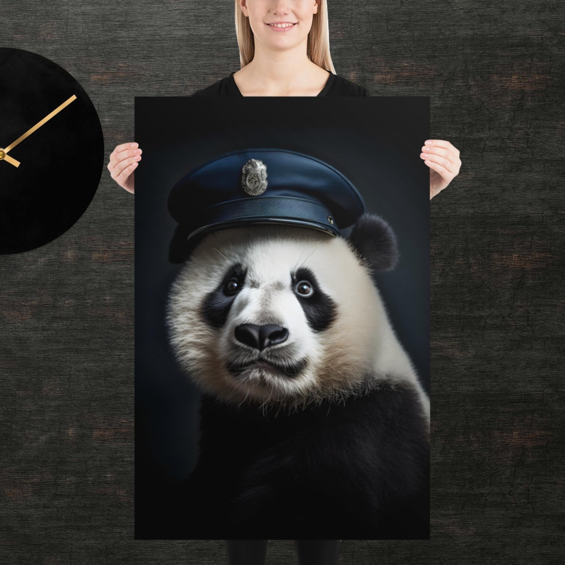 Giant Panda Wearing A Blue Police Cap In A Dark Studio Portrait Poster