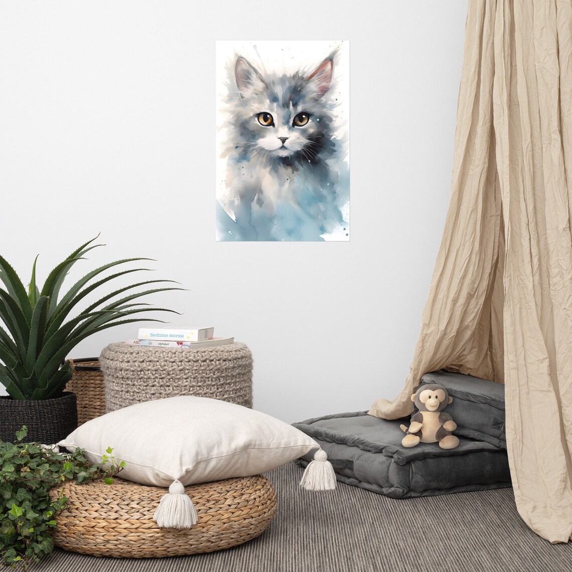 Cute Grey Kitten Watercolor Baby Cat Nursery Poster for Kids Room Decor