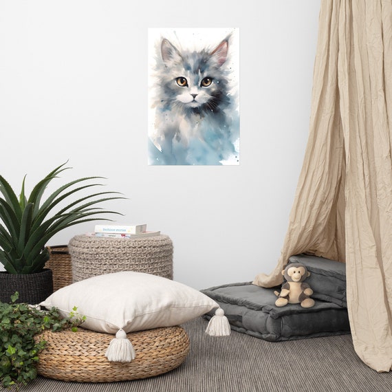 Cute Cat Poster Baby Art Nursery Watercolor Adorable Animal Childrens Room Wall