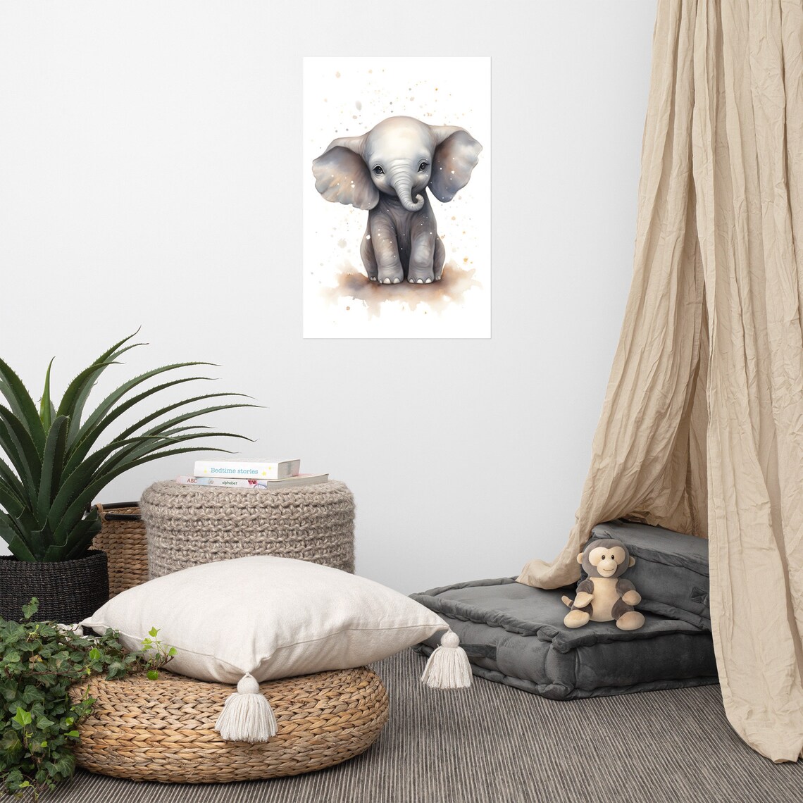 Adorable Baby Elephant Watercolor Nursery Portrait Poster for Kids Room