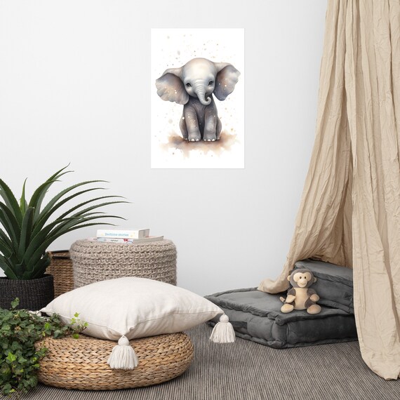 Adorable Baby Elephant Watercolor Nursery Portrait Poster for Kids Room
