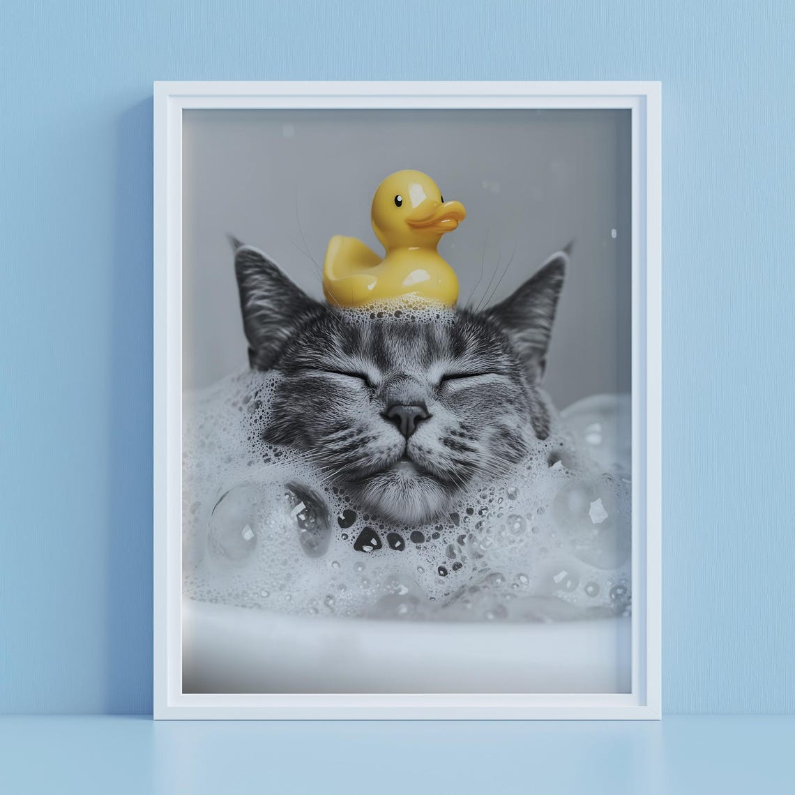 Tabby Cat Bubble Bath With Rubber Duck Black And White Funny Poster - Image 2