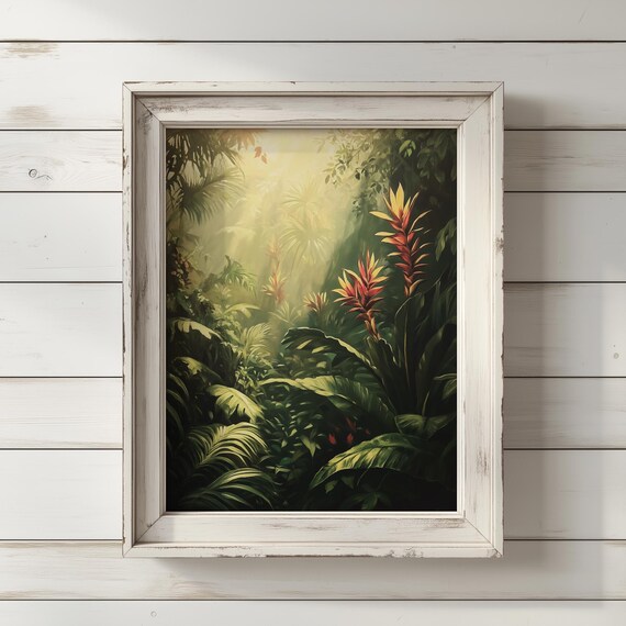 Tropical Heliconia In Sunlit Jungle Art Print Lush Botanical Wall Decor Natureinspired Artwork
