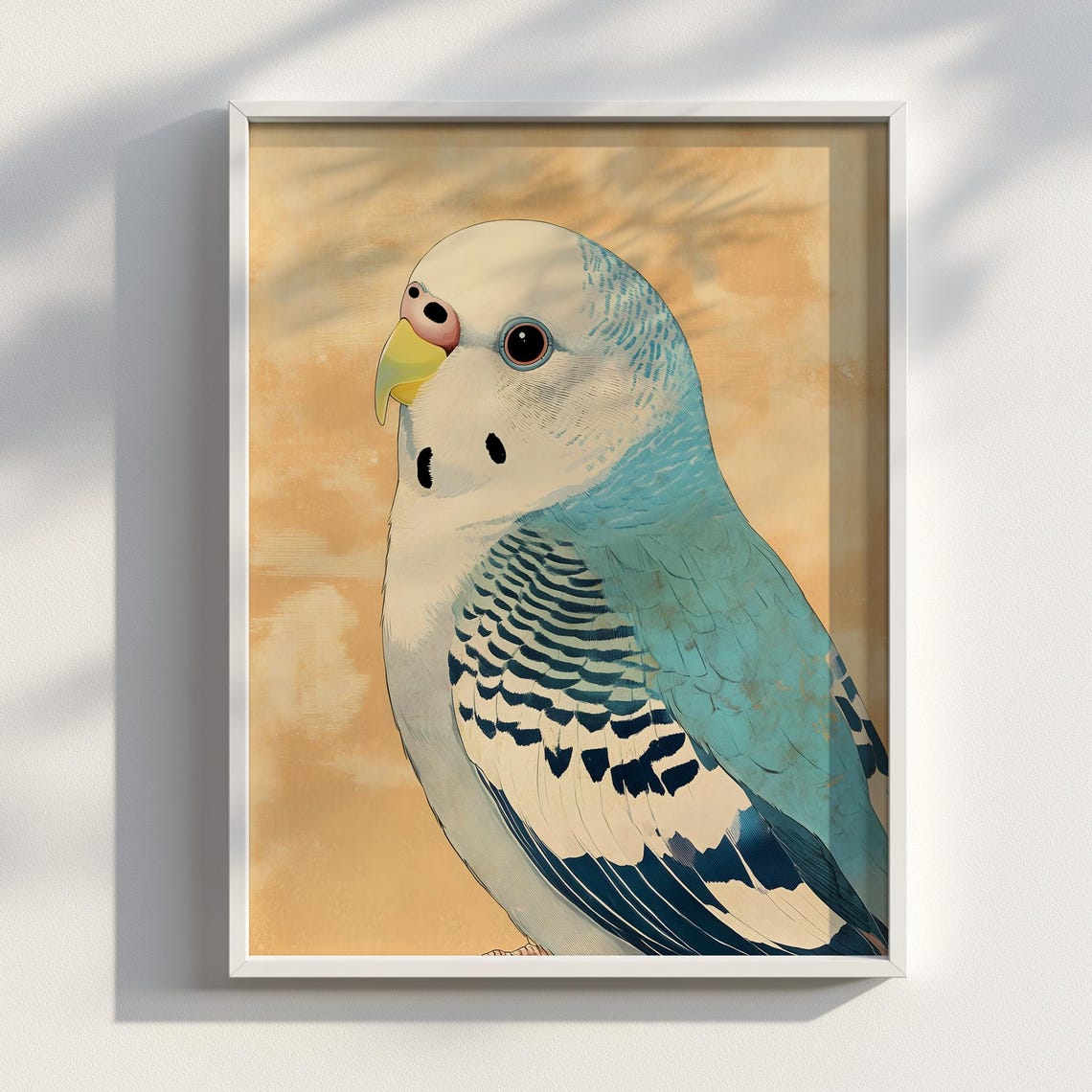 Blue Budgie Parakeet Portrait Warm Beige Japanese Ink Poster