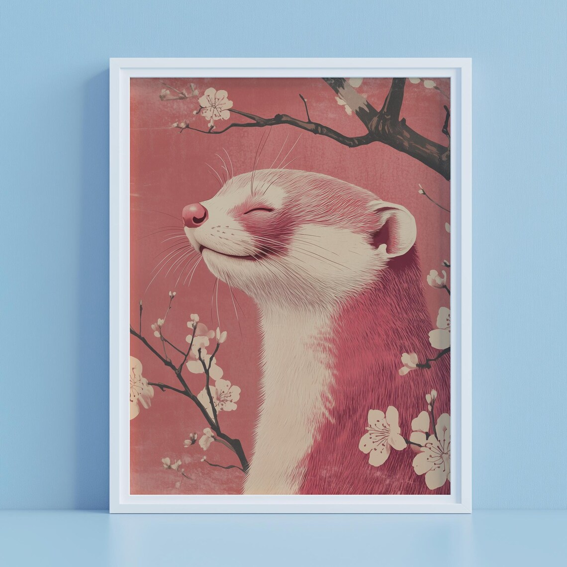 Pink Otter Cherry Blossom Red Japanese Floral Animal Art Poster - Image 2