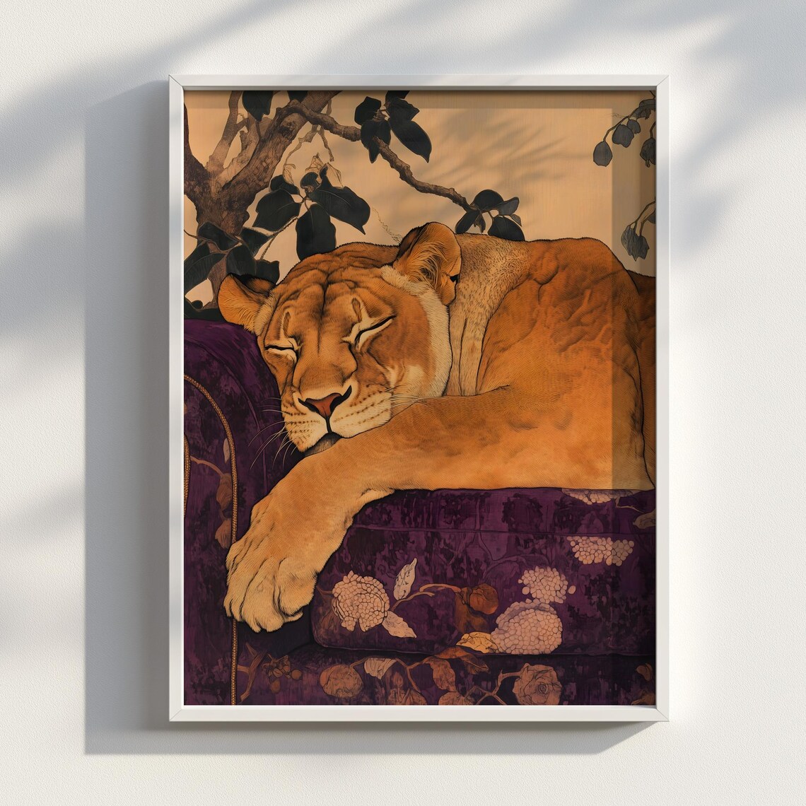 Sleeping Lioness on Purple Couch Japanese Ink Animal Art Poster