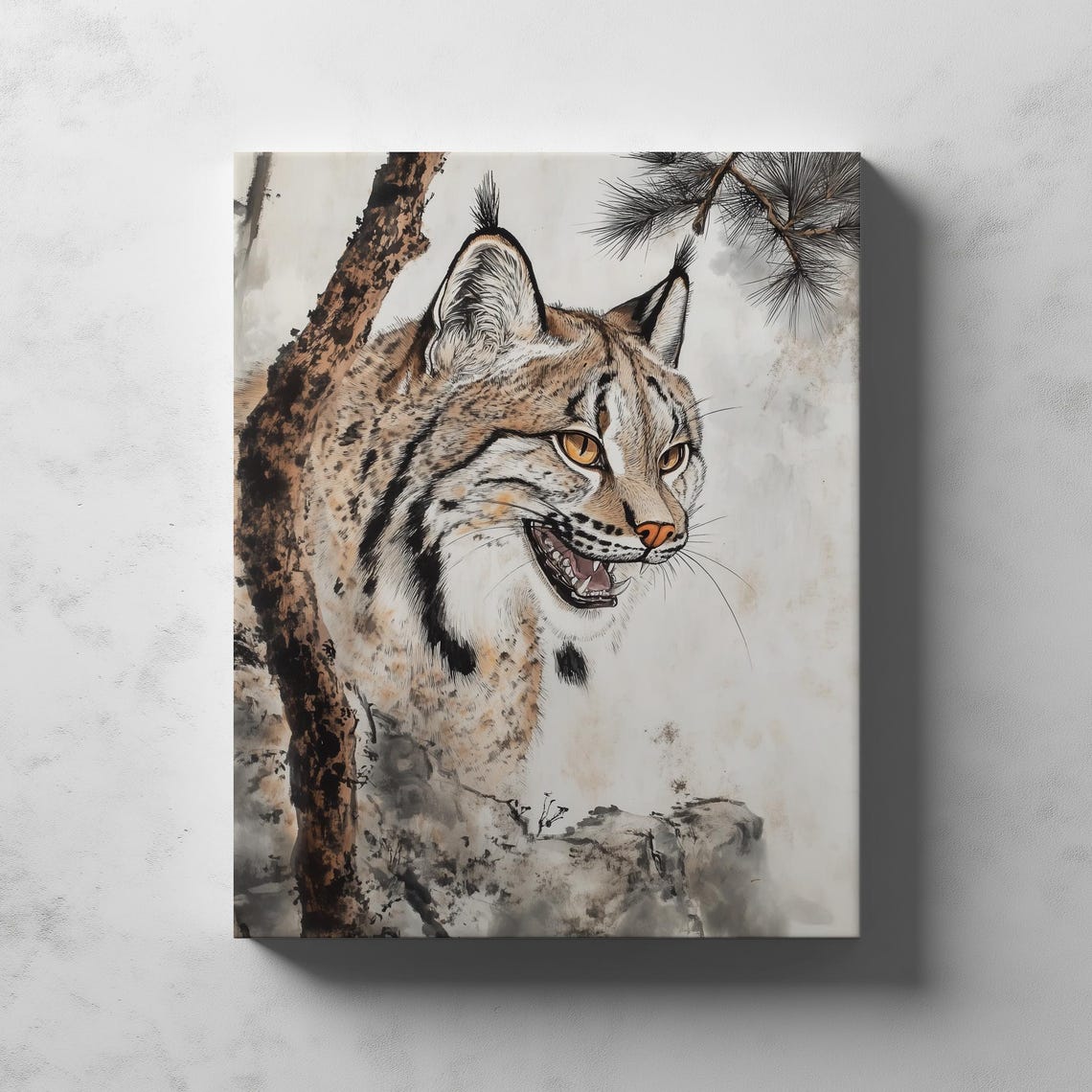 Wild Lynx Japanese Ink Brushwork Wildlife Portrait Art Poster - Image 2