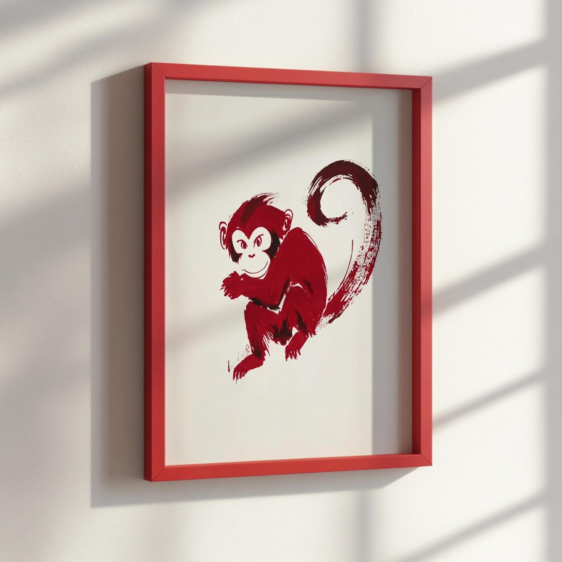 Red Ink Sumie Monkey Painting Playful Japanese Zodiac Animal Poster - Image 2