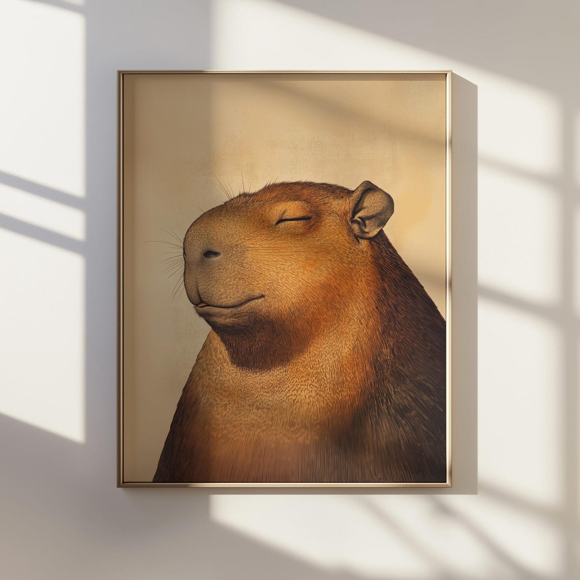 Smiling Capybara Portrait Japanese Ink Style Relaxed Art Poster