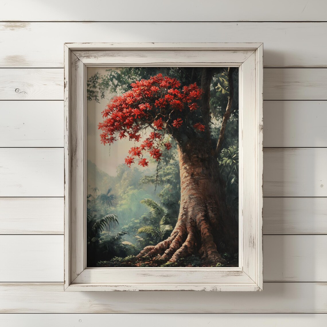 Majestic Kapok Tree With Vibrant Red Blossoms Tropical Rainforest Art Print Exotic Nature Decor