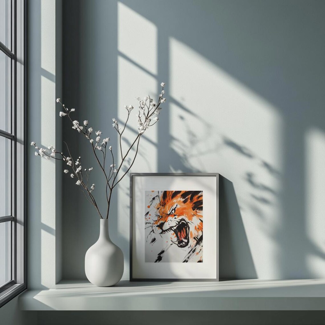 Roaring Tiger Japanese Ink Brushstroke Fierce Orange Art Poster - Image 2
