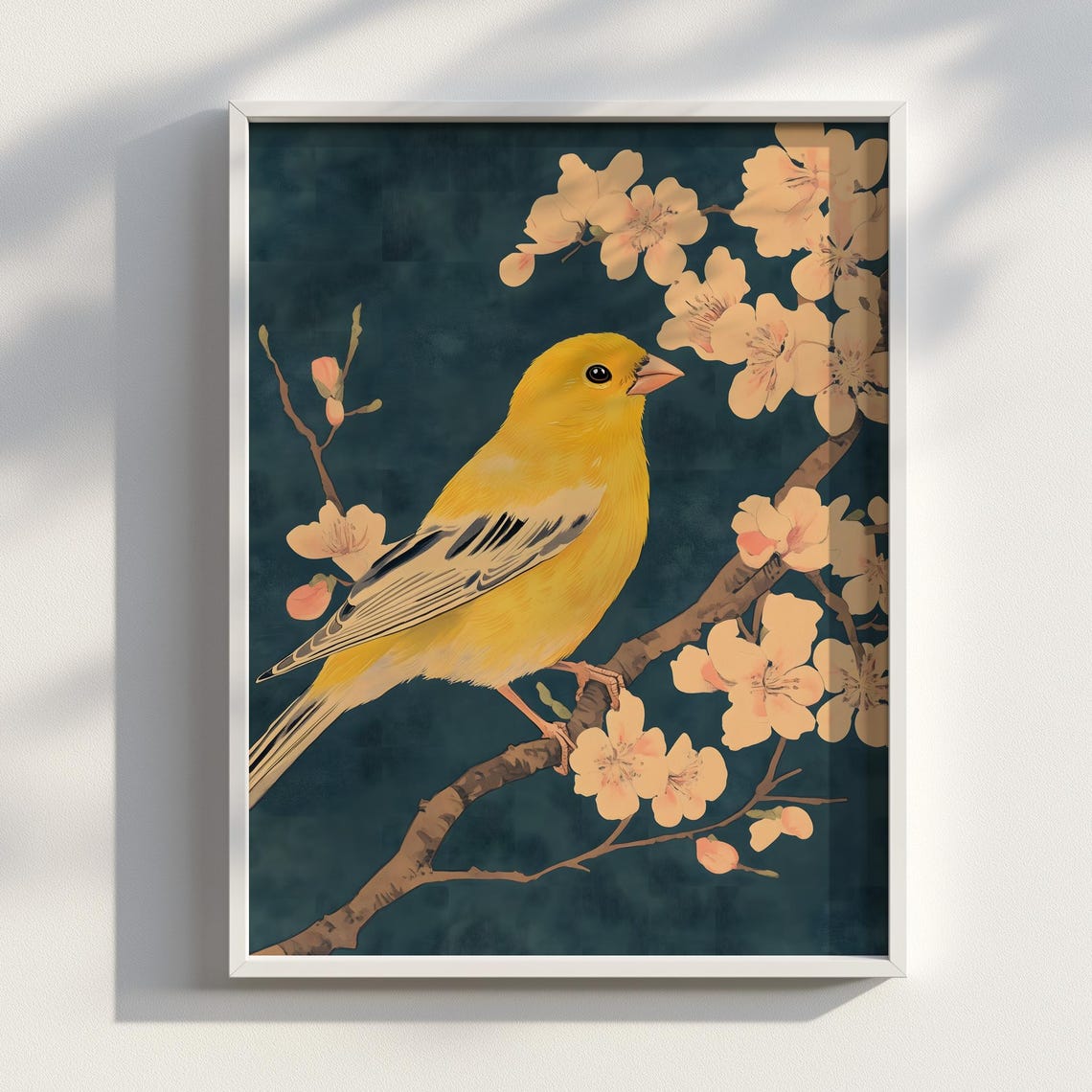 Yellow Canary on Cherry Blossom Branch Japanese Ink Art Poster