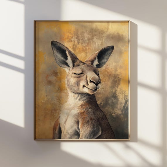 Ukiyoe Style Smiling Kangaroo Portrait Japanese Ink Art Of Playful Cute Animal Wall Australian Wildlife For Home Decor