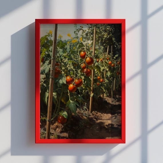 Sunlit Harvest Tomato Plant Art Rustic Garden Landscape Painting Natureinspired Wall Decor Instant