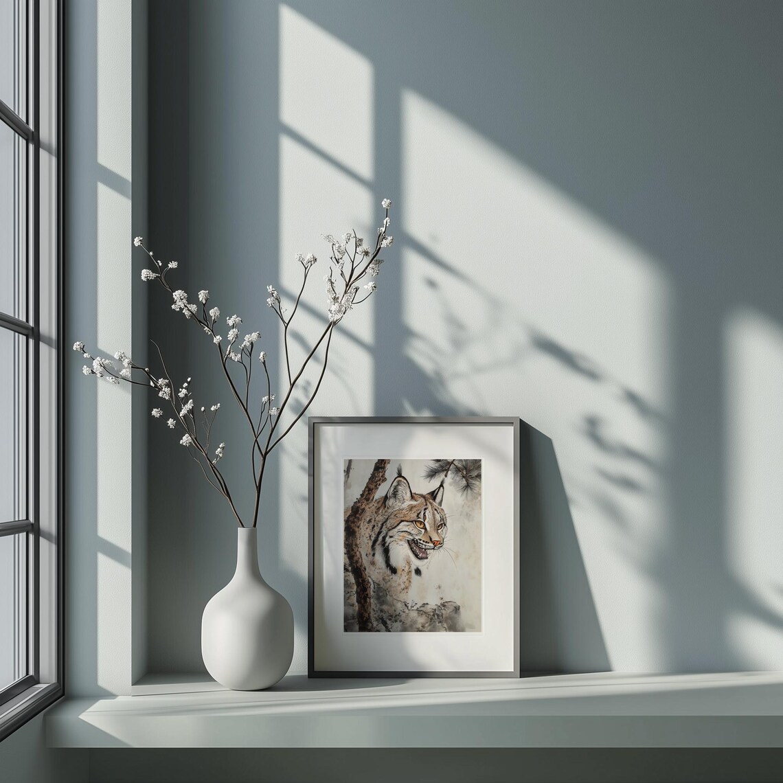 Wild Lynx Japanese Ink Brushwork Wildlife Portrait Art Poster - Image 5