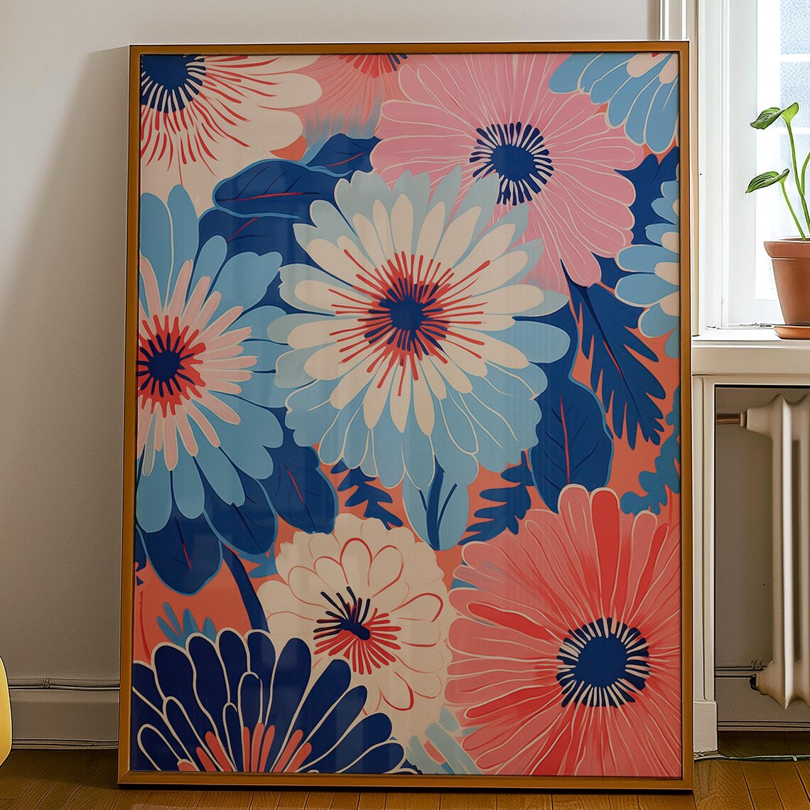 Retro 70s Daisy Floral Pattern Bold Colorful Groovy Art Poster