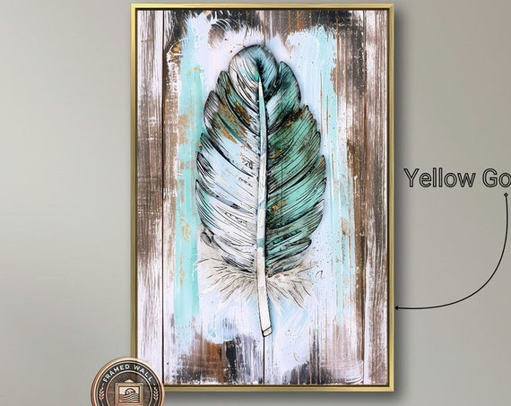Rustic Bohemian Feather Framed Print Wooden Background Wall Art Abstract Boho Style Painting Print Vintage Decor Ready To Hang