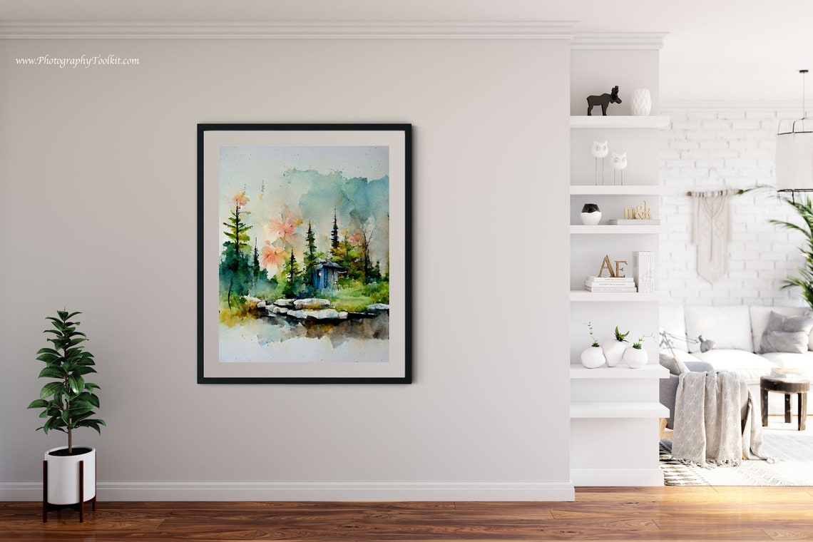 Misty Pine Forest Lake With Cabin Watercolor Landscape Poster - Image 6