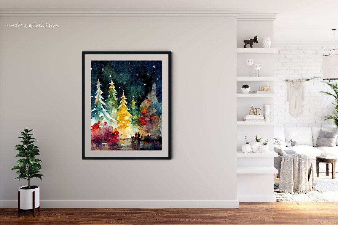Christmas Trees Holiday Watercolor Landscape Art Print - Image 4