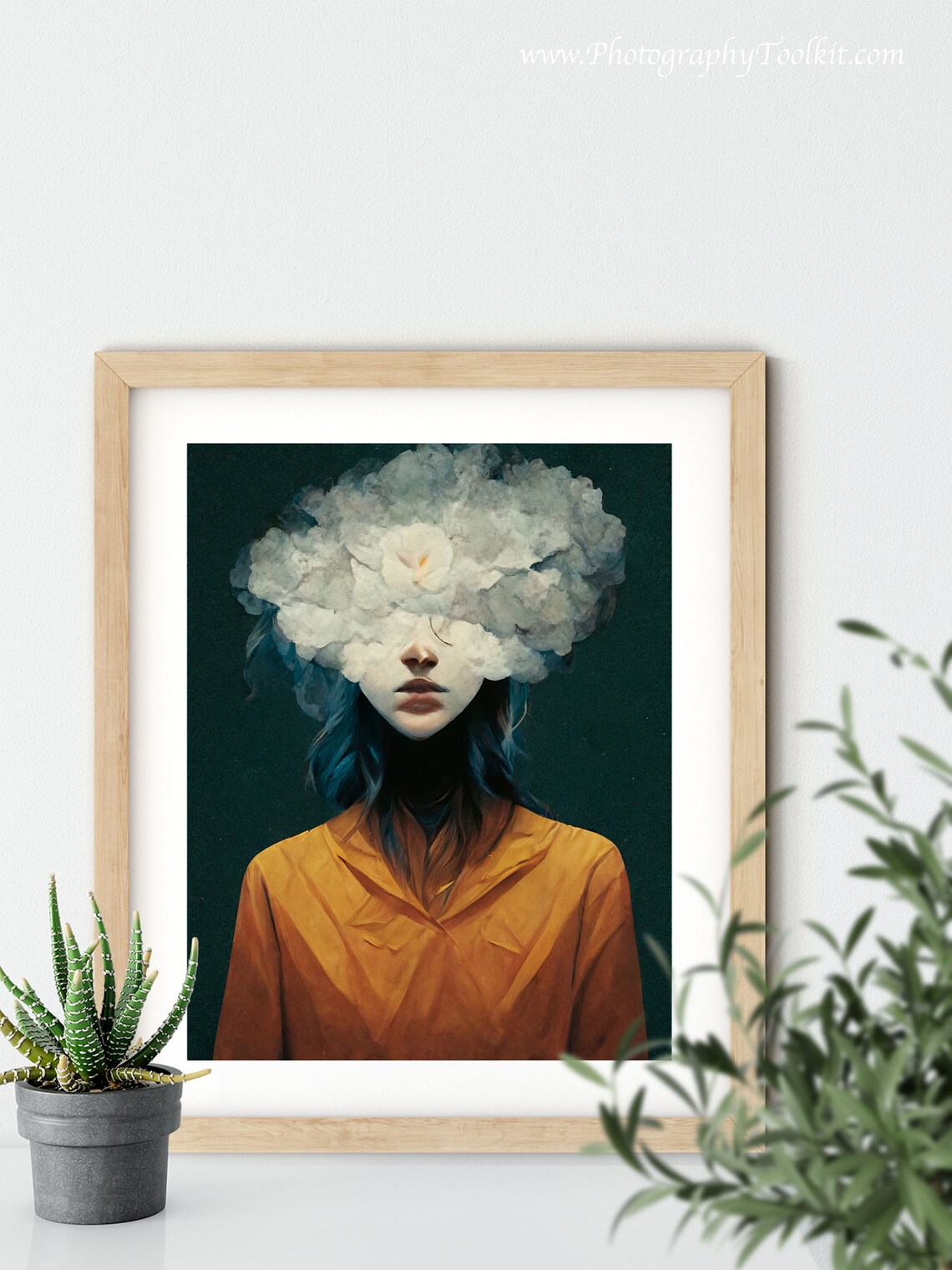 Surreal Woman Portrait with Cloud of White Flowers Dreamy Art Poster - Image 4