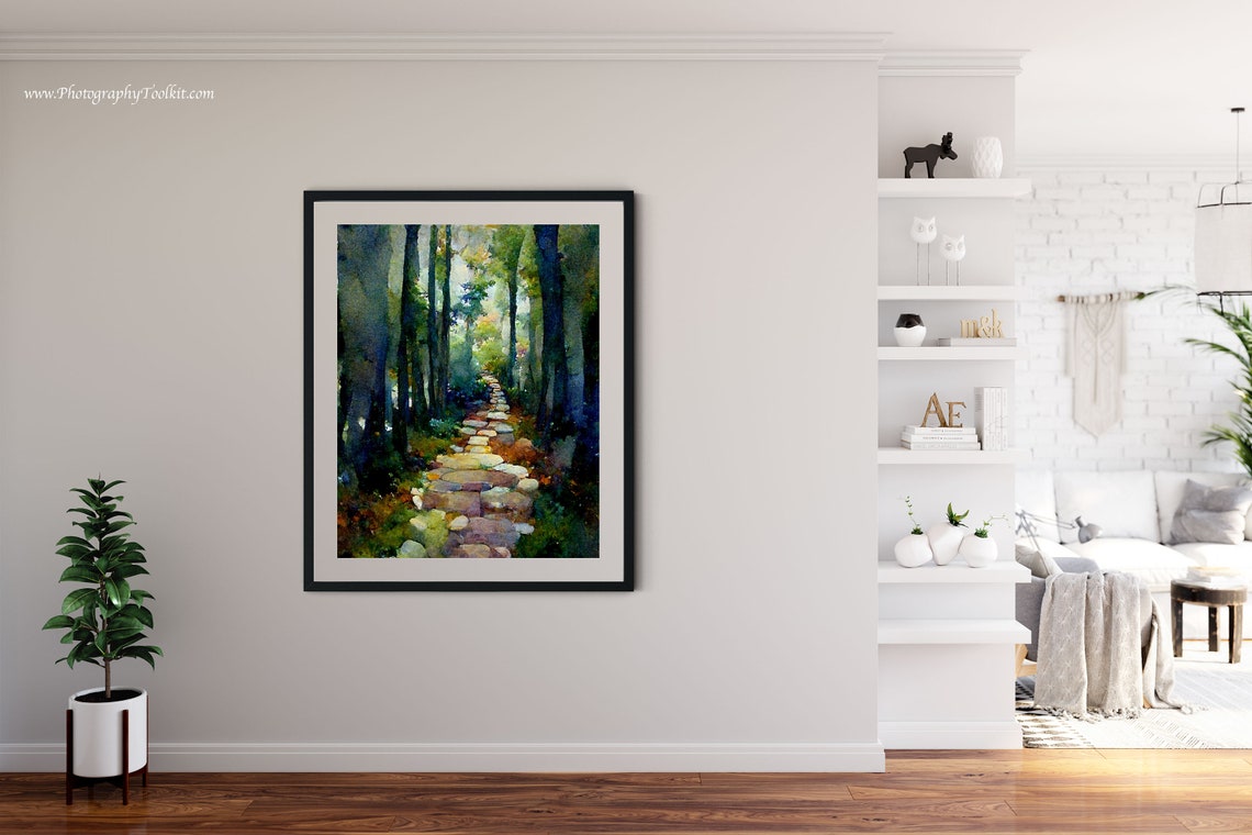 Sunlit Forest Path Watercolor Stone Steps Through Green Trees Poster - Image 4