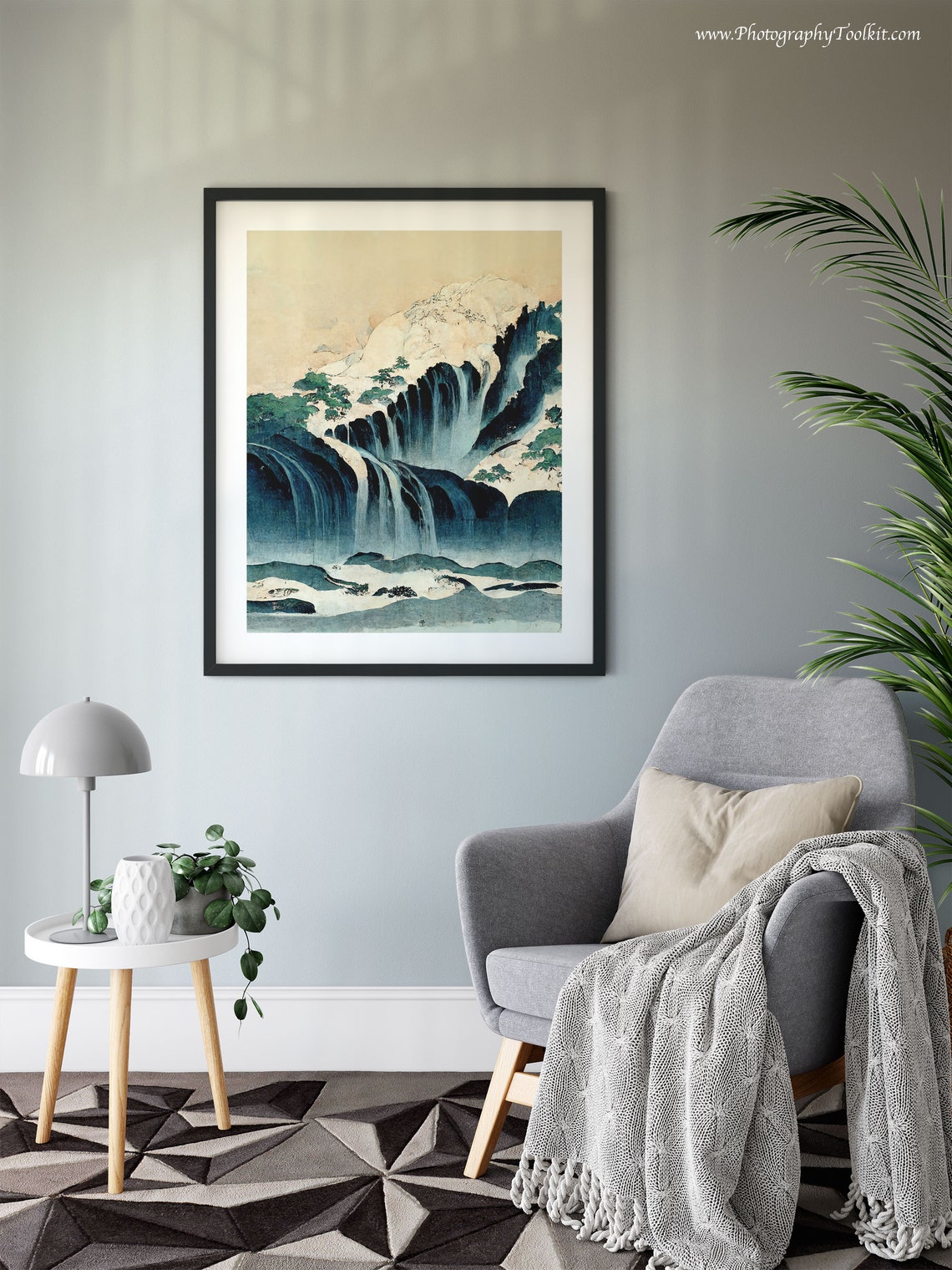 Japanese Style Waterfalls Cascading Over Dark Cliffs Woodblock Poster - Image 6