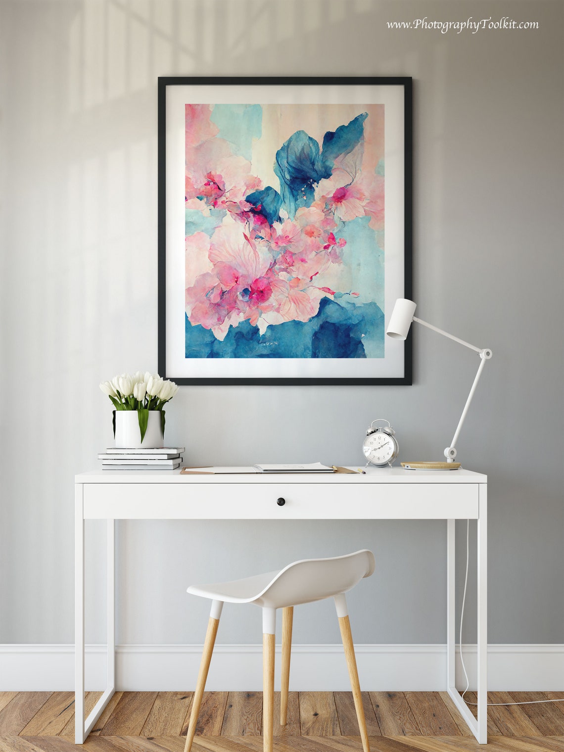 Abstract Floral Watercolor Pink Blossom Blue Botanical Art Poster - Image 2