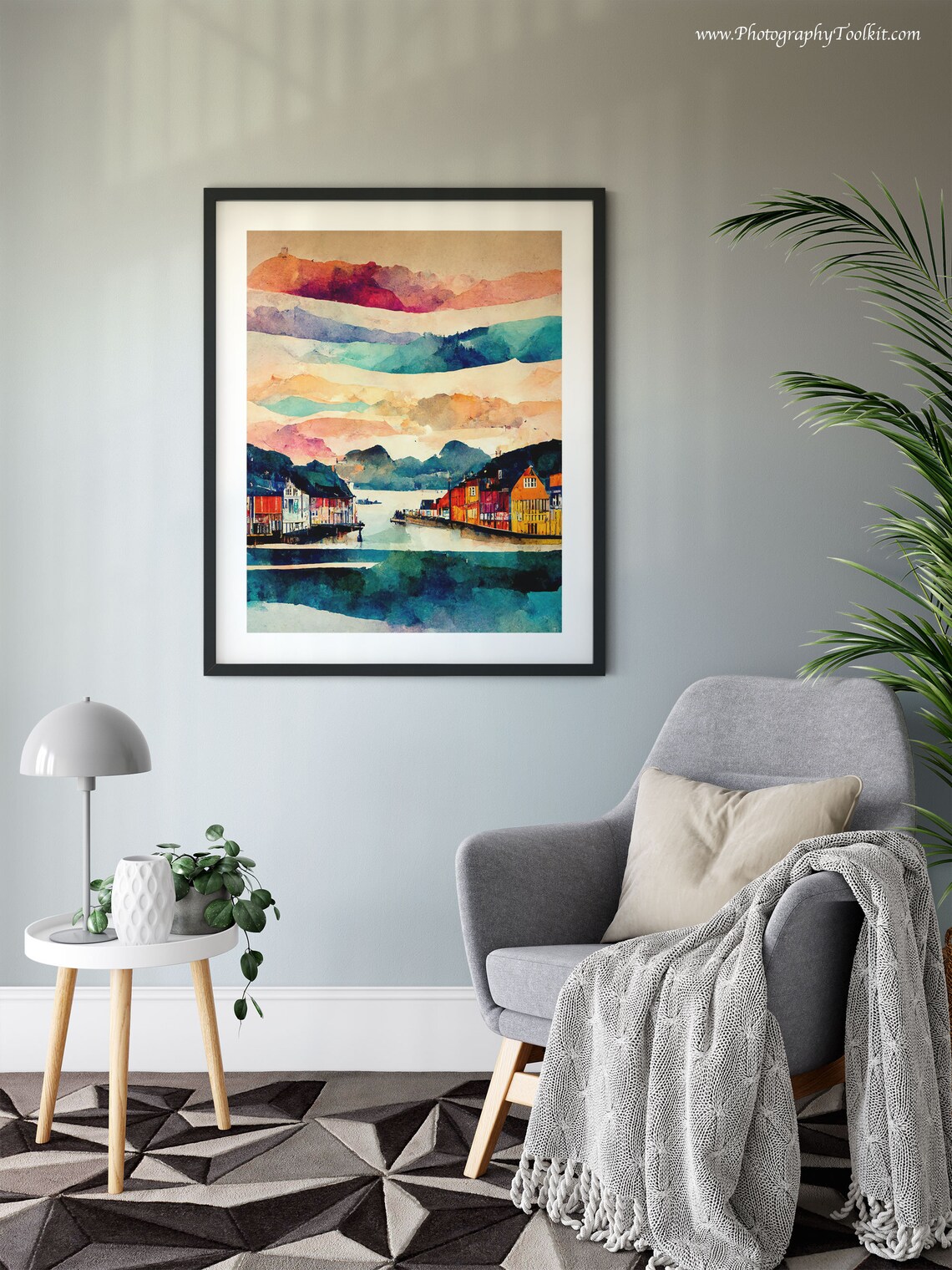 Bergen Norway Bryggen Waterfront Colorful Houses Watercolor Poster - Image 6