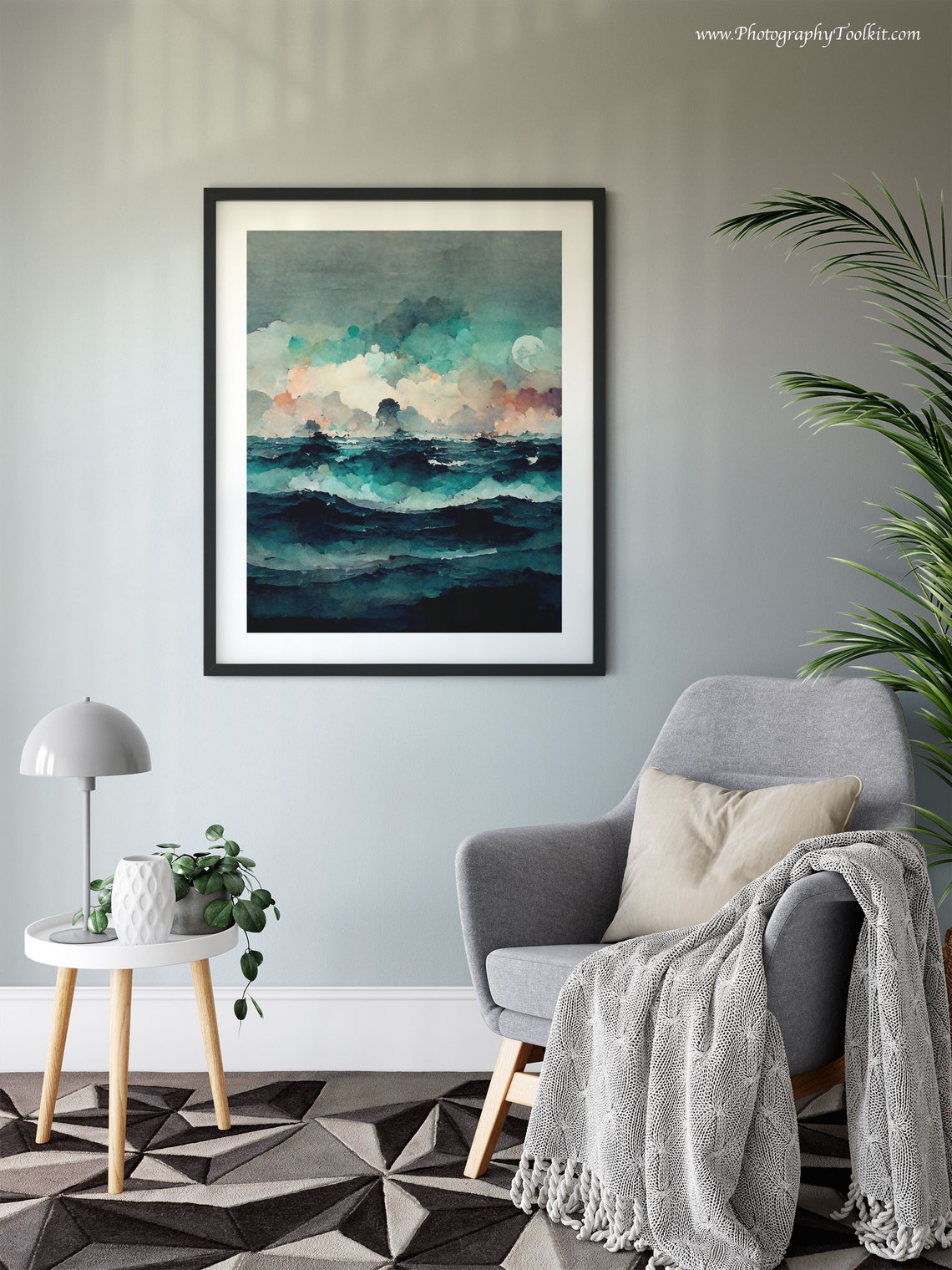 Turquoise Ocean Waves Moonlit Clouds Watercolor Coastal Art Poster - Image 6